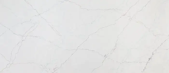 Closeup image of Q Quartz Calacatta Miraggio Seaglass White Quartz countertop slab