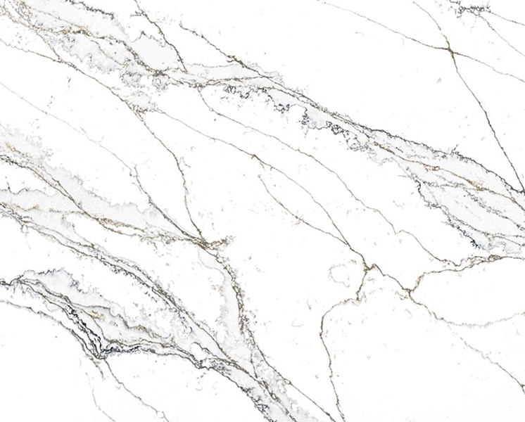 Closeup image of Stratus Quartz Unique Calacatta Macchia Vecchia Quartz countertop slab
